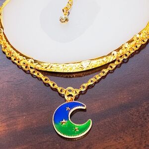 Gold Enamel Moon Charm with Stars Necklace Romantic Boho Chic Mystical Galaxy